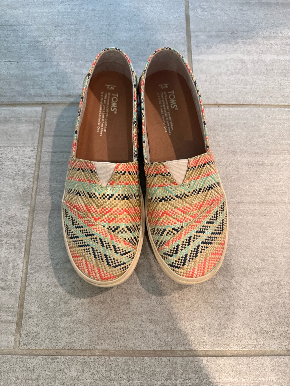 TOMS Women's Slip-On Moccasins in Coral, Mint & Navy Woven Pattern